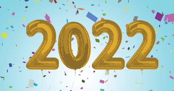 Composition 2022 Gold Balloons Numbers Confetti Blue Background New Year — Stok fotoğraf