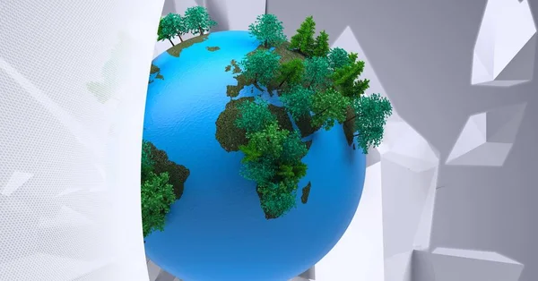 Soğuk gri üzerinde yüzen beyaz kristaller arasında 3D yeşil ağaçlı küre bileşimi. küresel bilgi iletişim teknolojisi, enerji ve dijital arayüz kavramı, dijital olarak oluşturulmuş görüntü.