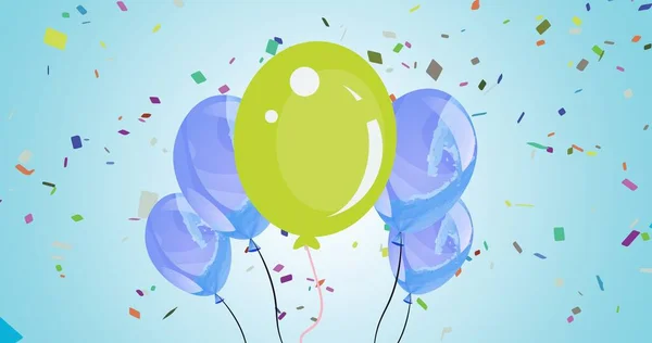 Composition Green Purple Balloons Confetti Blue Background Celebration Party Concept — Stok fotoğraf