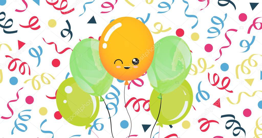 Composition of green and yellow balloons with party streamers on white background. celebration and party concept digitally generated image.