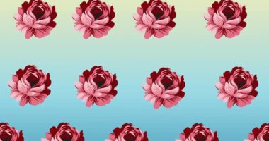Mavi arka planda hareket eden pembe çiçeklerin kompozisyonu. örüntü, kutlama ve doğa konsepti dijital olarak oluşturulmuş video.