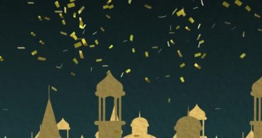 Altın Arap tarzı çatıların, ayın, lambaların ve yıldızların animasyonları. Müslüman Arap geleneksel festival konsepti, dijital olarak üretilen video.