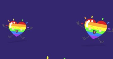 Mavi arka planda yüzen üç sevimli gökkuşağı renkli gülümseyen kalbin dijital animasyonu. gay gururu ve lgbt konsepti