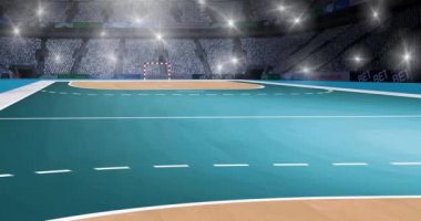 Spor stadyumunda spot ışıkları ve sahası olan boş tribünlerin animasyonu. spor ve şampiyonluk konsepti dijital olarak üretilen video.