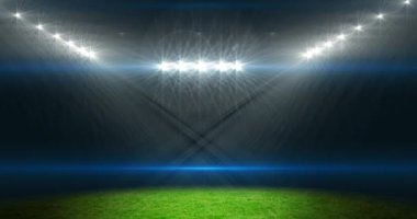 Parlak spot ışıkları olan boş bir stadyumun animasyonu. spor ve şampiyonluk konsepti dijital olarak üretilen video.
