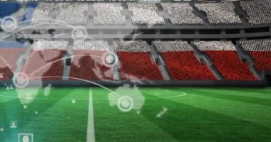 Bağlantı ağı animasyonu, spor stadyumundaki boş stantlarda Şili bayrağı üzerinde dünya haritası. küresel ağ, spor ve şampiyonluk konsepti dijital olarak oluşturulmuş video.