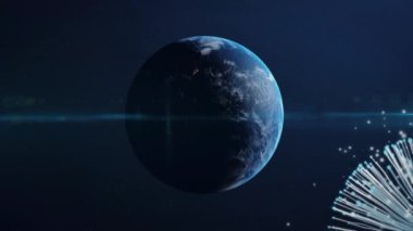 Parlayan ışık izleriyle dönen dünyanın animasyonu. küresel bağlantılar ve teknoloji konsepti dijital olarak oluşturulmuş video.
