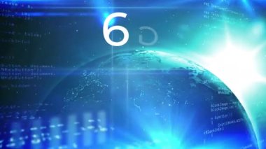Dünya üzerinde 6G metin ve mavi arkaplanda veri işleme animasyonu. küresel ağlar, bağlantılar ve teknoloji konsepti dijital olarak oluşturulmuş video.