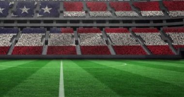 Spor stadyumundaki boş futbol sahasında Amerikan bayrağı animasyonu. spor ve şampiyonluk konsepti dijital olarak üretilen video.