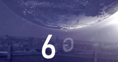 Mor arka planda 6G metin ve şehir manzarası animasyonu. küresel ağlar, bağlantılar ve teknoloji konsepti dijital olarak oluşturulmuş video.