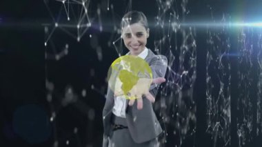 İş kadınının dünyaya bağlantı ağıyla dokunuşunun animasyonu. küresel bağlantılar ve teknoloji konsepti dijital olarak oluşturulmuş video.