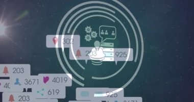 Sancaklar üzerindeki sosyal medya simgelerinin animasyonları tarama ve veri işleme kapsamı üzerinde. küresel çevrimiçi iletişim, dijital arayüz ve teknoloji konsepti dijital olarak oluşturulmuş video.