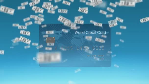Animación Billetes Dólar Americanos Cayendo Sobre Tarjeta Crédito Concepto Global — Vídeo de stock