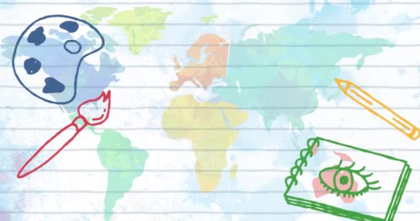 Animation Skolan Och Konst Ikoner Över Världskartan Globalt Rese Anslutnings — Stockvideo