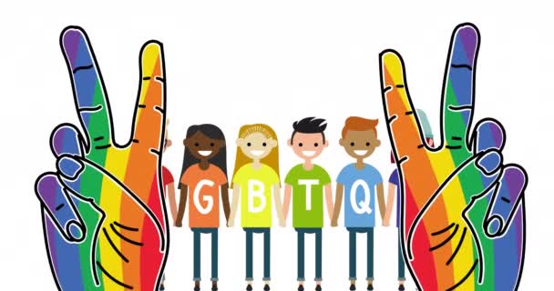 虹色の手の平和の印は 彼らのTシャツを手にLgbtqテキストで多様な人間の上に ゲイの誇りとLgbtの概念は — ストック動画
