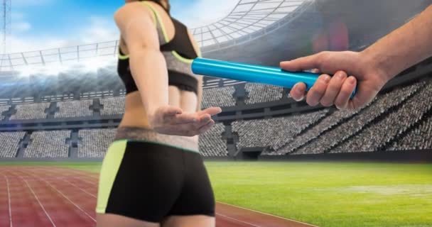 Animation Athlete Hands Passing Relay Baton Sports Stadium Sports Event — Stock Video