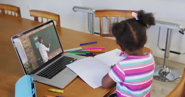 Afroameričanka Dělá Domácí Úkoly Zatímco Videohovor Učitelem Notebooku Doma Distanční — Stock video