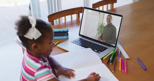 Ragazza Afroamericana Seduta Alla Scrivania Utilizzando Computer Portatile Avendo Lezione — Video Stock