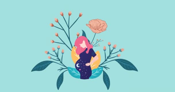 青い背景に腹に月とピンクの開花植物を持つ妊婦の姿のアニメーション 母子健康の概念 デジタルで生成されたビデオ — ストック動画