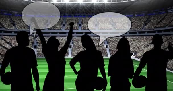 Spor Stadyumu Arka Planında Konuşma Baloncukları Olan Spor Hayranlarının Silueti — Stok video