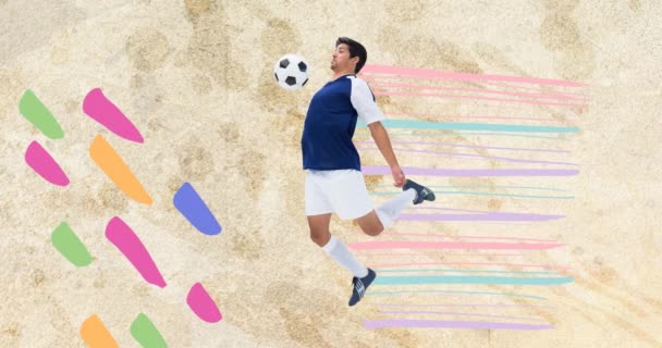 Animación Futbolista Con Pelota Sobre Coloridos Garabatos Sobre Fondo Azul — Vídeos de Stock