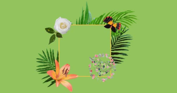 Animatie Van Gebladerte Vlinder Hart Bloemen Framing Vierkante Kopieerruimte Lichtgroen — Stockvideo