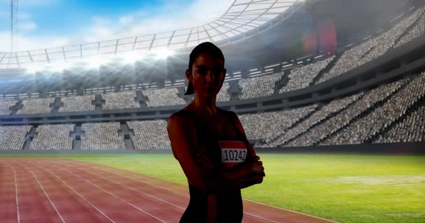 ラグビー選手が球技場の上でボールと女性アスリートを保持するアニメーション スポーツイベントと競争の概念デジタル生成ビデオ — ストック動画