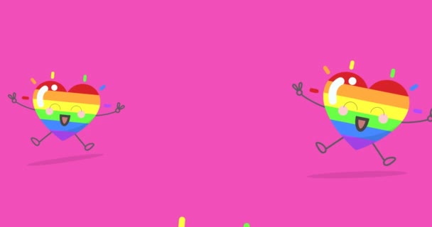 Digital Animation Three Cute Rainbow Colored Smiling Hearts Icons Pink — Stock Video