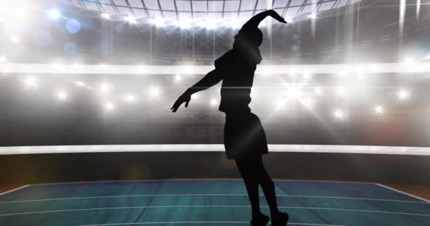 Animation Der Silhouette Einer Volleyballerin Die Über Das Sportstadion Springt — Stockvideo