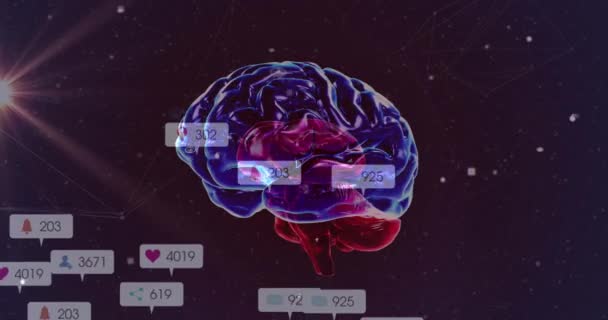 人間の脳のバナー上のソーシャルメディアのアイコンのアニメーション 地球規模の通信 デジタルインターフェース テクノロジーの概念デジタルで生成されたビデオ — ストック動画