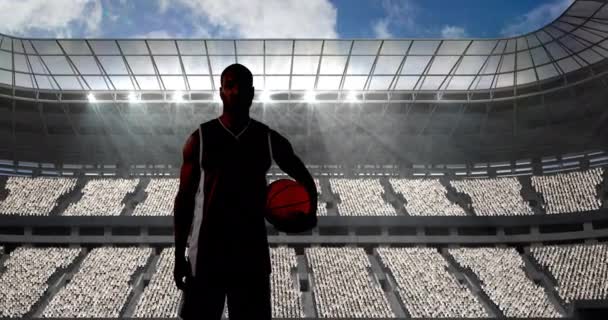 Animace Basketbalisty Držícího Míč Nad Sportovním Stadionem Sportovní Událost Soutěžní — Stock video