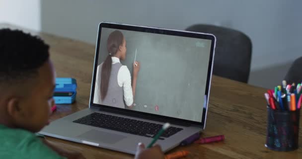 Evde Dizüstü Bilgisayarında Kadın Öğretmenle Video Görüşmesi Yapan Afrikalı Amerikalı — Stok video