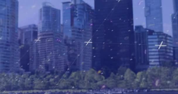 Анімація Обробки Даних Через Мережу Міський Пейзаж Глобальні Єднання Цифровий — стокове відео