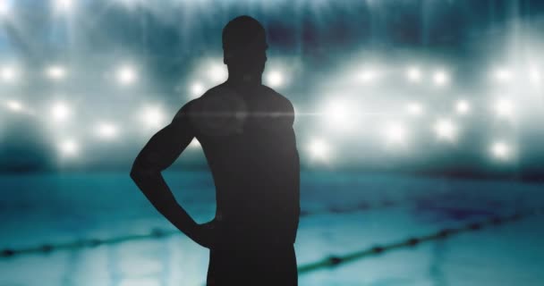 Animasjon Silhuett Mannlig Svømmer Rampelysene Svømmebassenget Idrettsarrangement Konkurransekonsept Digitalt Generert – stockvideo