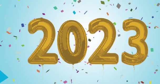 Animación 2023 Números Globos Dorados Confeti Sobre Fondo Azul Celebración — Vídeo de stock