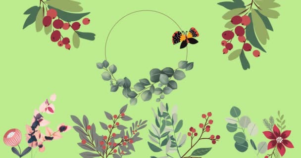 Yeşillik Böğürtlen Çiçekli Kelebek Animasyonu Yeşil Arka Planda Daireler Çizmek — Stok video