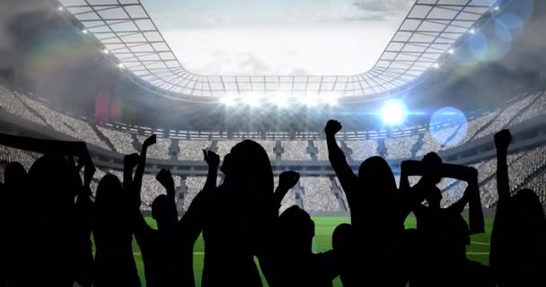 スポーツスタジアムを応援するスポーツファンのシルエットのアニメーション スポーツイベントと競争の概念デジタル生成ビデオ — ストック動画
