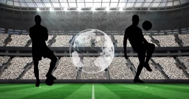 Animation Silhouette Football Players Globe Sports Stadium Sports Event Competition — Stock Video