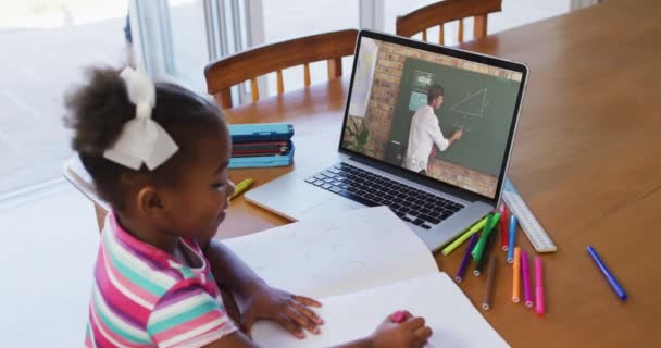 非洲裔美国女孩一边做作业 一边在家里用笔记本电脑与男教师进行视频通话 远程学习和网上教育概念 — 图库视频影像
