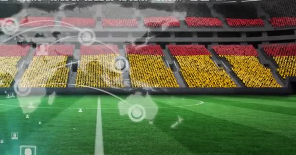 动漫的联系网络 世界地图上的德国国旗在体育场的空看台上 全球网络 体育和锦标赛概念数码视频 — 图库视频影像