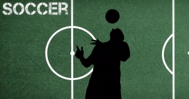 Animation Silhouette Football Player Ball Text Pitch Background Sport Competition — Stock Video