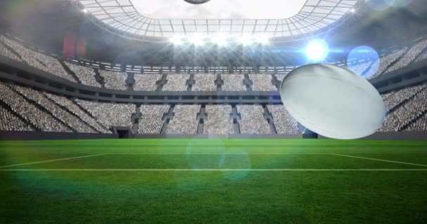 Animatie Van Amerikaanse Voetbal Ballen Stuiteren Sportstadion Sportmanifestatie Wedstrijdconcept Digitaal — Stockvideo