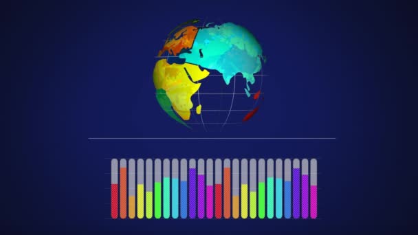 Animación Spinning Globo Procesamiento Estadísticas Sobre Fondo Azul Conexiones Globales — Vídeo de stock