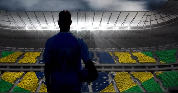 Animatie Van Het Achteraanzicht Van Voetballer Met Bal Boven Braziliaanse — Stockvideo