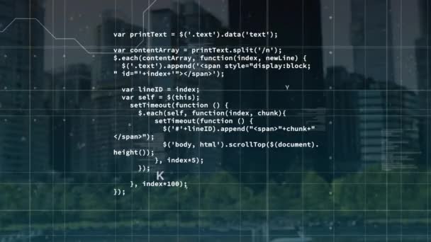 Анімація Обробки Даних Фоні Міського Пейзажу Глобальні Мережі Язки Концепція — стокове відео