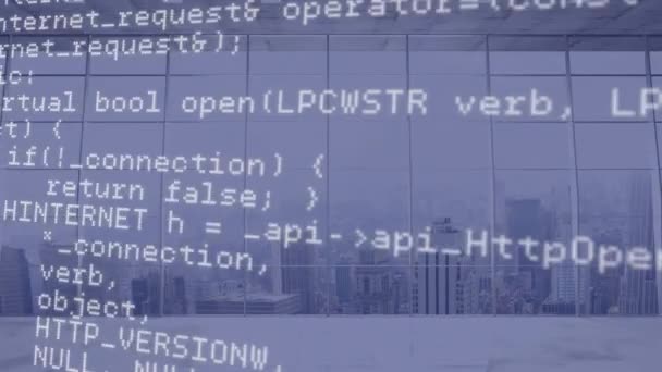 Animación Del Procesamiento Datos Sobre Paisaje Urbano Sobre Fondo Azul — Vídeos de Stock