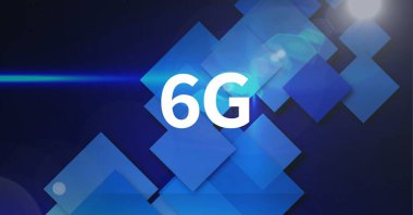 Mavi ekranlar ve ışık yollarının üzerinde 6G metin kompozisyonu. küresel ağlar, teknoloji, dijital arayüz ve dijital olarak oluşturulan iletişim konsepti.
