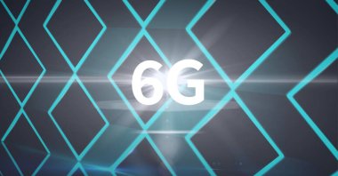 Parlak yeşil elmas şekilleri ve ışık yollarının üzerinde 6G metin kompozisyonu. küresel ağlar, teknoloji, dijital arayüz ve dijital olarak oluşturulan iletişim konsepti.