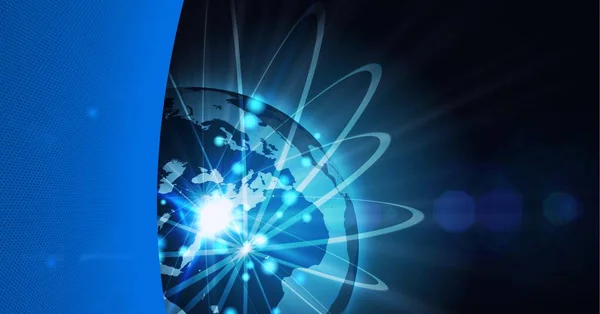 Parlayan Dünya Mavi Kenar Üzerindeki Bağlantı Ağının Bileşimi Küresel Teknoloji — Stok fotoğraf