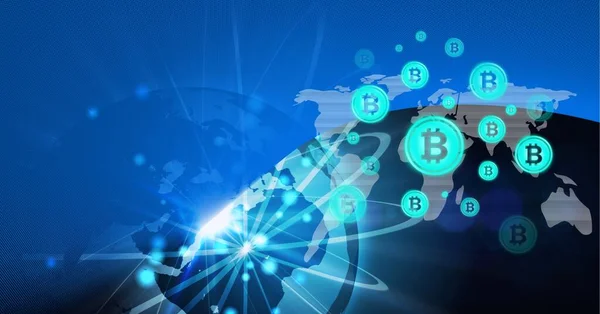 Composición Símbolos Bitcoin Sobre Conexiones Globo Sobre Fondo Azul Criptomoneda — Foto de Stock